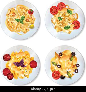 Köstliche Nudelgerichte mit Sauce Pepperoni Tomaten Oliven und Kräuter Realistische Einstellung isoliert auf weißem Hintergrund Vektordarstellung Stock Vektor