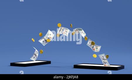 Mobile Banking-Konzept, Wechsel von Münzen und Dollar-Banknoten vom Smartphone zum anderen Mobiltelefon, E-Wallet für Online-Geldtransfers, 3D Rendering. Stockfoto