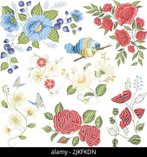 Klassische florale Stickerei Füllung Raum Muster-Design mit Rosen Kamille Blaubeeren Vögel und Schmetterlinge bunte Vektor-Illustration Stock Vektor