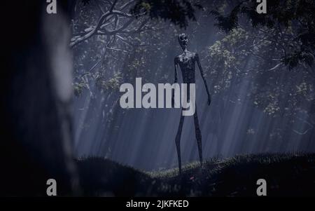 Monster mit unverhältnismäßiger Körperstruktur auf dem Waldweg Stockfoto