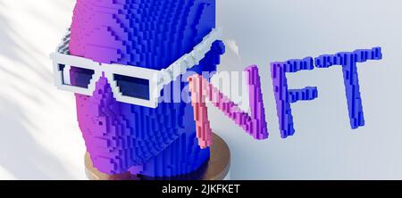 Blockiger Kopf im Ziegelstil mit Sonnenbrille - moderne 3D Render-Kunst, Hintergrund im NFT-Stil Stockfoto