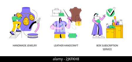 Handgemachte Produkte und Shopping-Service abstraktes Konzept Vektor Illustration Set. Handgemachter Schmuck, Lederhandwerk, Box-Abonnement-Service, handwerkliche Waren, benutzerdefinierte Bestellung Lieferung abstrakte Metapher. Stock Vektor