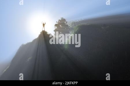 Erfolg eines Geschäftsmannes - Jubel Erfolg mit erhobenen Händen, die auf dem Hügel stehen - Konzept des menschlichen Erfolgs - 3D Render Stockfoto