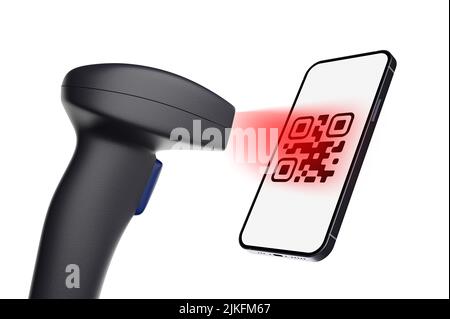 Scannen von qr-Code vom Handy-Bildschirm mit einem Scanner - das Konzept des Scannens einer Treuekarte aus einer mobilen Anwendung - 3D Render isoliert auf weiß Stockfoto