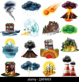 Reihe von Naturkatastrophen einschließlich Hochwasser Erdbeben Dürre Waldbrand Tsunami Strahlung Hagel Umweltverschmutzung isolierte Vektor-Illustration Stock Vektor