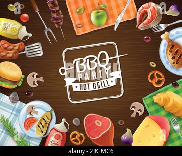 BBQ Party Rahmen mit Emblem Fleisch Gemüse Obst Saucen Gebäck Und Servietten auf Holz Hintergrund Vektor Illustration Stock Vektor