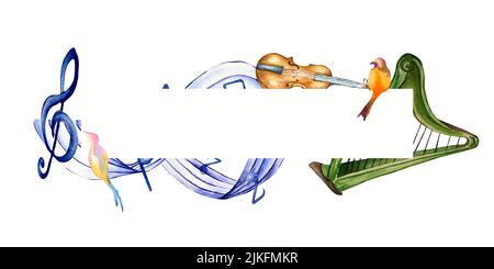 Rahmen aus Geige, Harfe Aquarell Illustration isoliert. Set von Musikinstrumenten, Violinschlüssel und Vögeln, handbemalt auf weißem Hintergrund. Element f Stockfoto