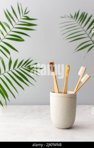 Zahnbürsten aus Holz mit natürlichen Borsten aus Keramikglas, natürliche Mundhygiene-Produkte Stockfoto