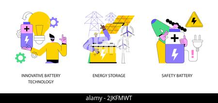Akkumulator Batterie verwenden abstraktes Konzept Vektor Illustration Set. Innovative Batterietechnologie, Energiespeicherung, sicheres Energiegerät, elektrischer Strom, umweltfreundliche, abstrakte Metapher für schnelles Laden. Stock Vektor