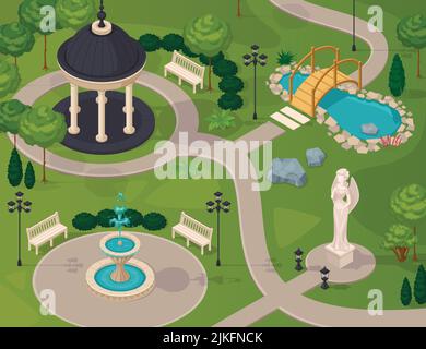 Park Landschaft isometrische Design Komposition mit Pavillon Statue Brunnen See Vektordarstellung des Gehwegs Stock Vektor