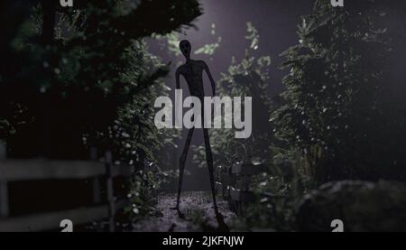 Monster mit unverhältnismäßiger Körperstruktur im Waldpfad - 3D Render Stockfoto