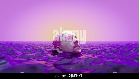 NFT nicht-fungible Token, Krypto-Art-Konzept mit Neon-Text. Beispieltyp des kryptografischen Tokens, der ein einzigartiges Gesicht im Wasser darstellt - 3D Render Stockfoto