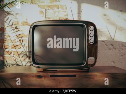 Retro-fernseher in einem alten Zimmer mit einer kaputten Ziegelwand - 3D Illustration Mockup Stockfoto