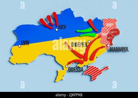 Kriegserklärung des Konflikts in der Ukraine mit Russland - die Bewegung der militärischen Einheiten Karte - 3D Rendering Stockfoto