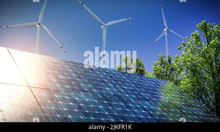 Windturbine und Sonnenkollektoren an einem sonnigen Tag - Eco Concept - 3D Render Stockfoto