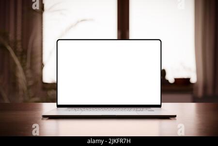 Laptop mit rahmenlosem leerem Bildschirm auf dem Tisch im Wohnbereich Stockfoto