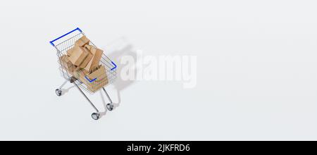 Ein Warenkorb mit Artikeln auf einem schlichten weißen Hintergrund gefüllt. internet-Shopping-Konzept - 3D Render Stockfoto