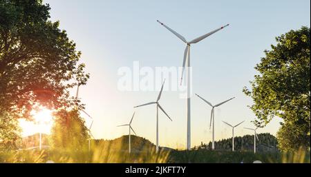Windturbinen Generatoren von Strom aus Wind. Sonnenuntergang - 3D Render Stockfoto