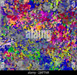Das Bild zeigt ein 3D Rendering (Imaris-Software) einer lebenden konfluenten Kultur von NIH-3T3-Zellen, die mittels konfokaler Mikroskopie gewonnen wurde. Die Zellen wurden mit 5 fluoreszierenden Proteinen und mit lentiviralen Gene Ontology (LEGO)-Vektoren venus Cerulean (blau), EGFP (grün), Venus (gelb), tdTomato (magenta) oder mCherry (rot) fluoreszierenden Proteinen transduziert, um kombinatorische Farben für die Nachkommenverfolgung zu liefern. Gruppen benachbarter Zellen der gleichen Farbe stammen von den gleichen Stammzellen ab. Stockfoto