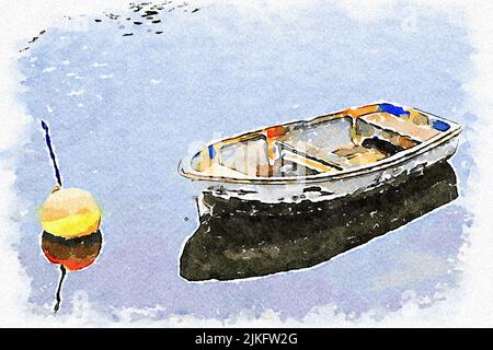 Holzboot, das im Sommer auf dem Fluss festgemacht wurde Stockfoto
