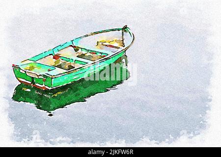Holzboot, das im Sommer auf dem Fluss festgemacht wurde Stockfoto