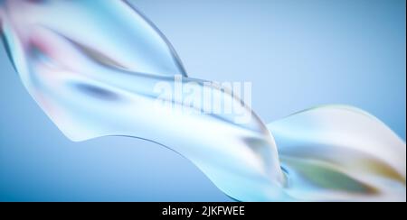 Abstrakte, wellige Glasfläche auf blauem Hintergrund. Die farbigen Lichter, die über der Oberfläche gestreut sind - 3D rendern Stockfoto