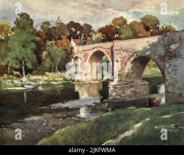 Leaderfoot Bridge gemalt von William Smith, jr., aus dem Buch ' Abbotsford ' von W. S. Crockett Erscheinungsdatum 1905 Herausgeber/Verlag London Adam and Charles Black Abbotsford ist ein historisches Landhaus an den schottischen Grenzen, in der Nähe von Galashiels, am Südufer des Flusses Tweed. Heute für die Öffentlichkeit zugänglich, wurde es zwischen 1817 und 1825 als Residenz des historischen Romanciers und Dichters Sir Walter Scott erbaut. Es ist ein denkmalgeschütztes Gebäude der Kategorie A, und das Anwesen ist im Inventar der Gärten und gestalteten Landschaften in Schottland aufgeführt Stockfoto