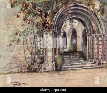 Dryburgh Abbey gemalt von William Smith, jr., aus dem Buch ' Abbotsford, ' von W. S. Crockett Erscheinungsdatum 1905 Herausgeber/Verlag London Adam and Charles Black Abbotsford ist ein historisches Landhaus an den schottischen Grenzen, in der Nähe von Galashiels, am Südufer des Flusses Tweed. Heute für die Öffentlichkeit zugänglich, wurde es zwischen 1817 und 1825 als Residenz des historischen Romanciers und Dichters Sir Walter Scott erbaut. Es ist ein denkmalgeschütztes Gebäude der Kategorie A, und das Anwesen ist im Inventar der Gärten und gestalteten Landschaften in Schottland aufgeführt Stockfoto