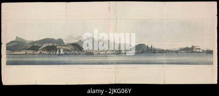 Panoramablick auf die Stadt Rio de Janeiro aus dem Ankerplatz von Sir Henry Chamberlain, 2. Baronet-Graveur: John Heaviside Clark. John Heaviside Clark (um 1771–1863) war ein schottischer Aquatinta-Graveur und Maler von Meereslandschaften und Landschaften. Er war auch bekannt als Waterloo Clark, wegen der Skizzen, die er direkt nach der Schlacht von Waterloo auf dem Feld machte. Clark stellte zwischen 1801 und 1832 regelmäßig an der Royal Academy aus. Er war Autor Eines praktischen Essays über die Kunst des Malens und Malens von Landschaften, mit Illustrationen, veröffentlicht im Jahr 1807, und Eine praktische Illustration von G Stockfoto