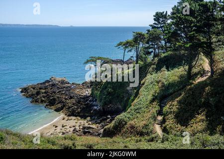 Marble Bay (Le Pied du Mur) mit Blick auf Sark in der Ferne, Guernsey, Kanalinseln Stockfoto