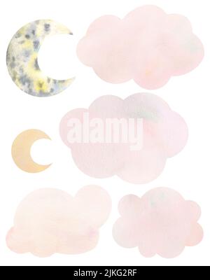 Handgezeichnete Aquarellillustration. Mond, Wolken. Kinderdruck. Ideal zum Drucken von Postkarten, Postern und Grußkarten Stockfoto