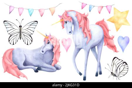 Ein Satz von Aquarellbildern für Kinder mit einem magischen Einhorn, Schmetterlingen, Fahnen und Sternen. Für Design, Postkarten, Drucke, Verpackungen, Logos Stockfoto