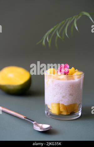 Thailändisches Mango-Dessert mit klebrigem Reis und Kokosmilch, verziert mit Nelke, Palmzweig und frischer Mango-Rückseite Stockfoto