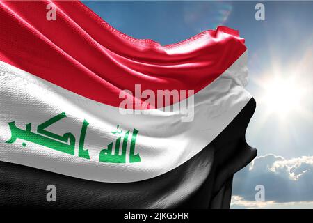 Flagge des Irak übersetzt „Gott ist der größte“ die Flagge des Irak umfasst die drei gleichen horizontalen roten, weißen und schwarzen Streifen der Arabischen Befreiung Stockfoto