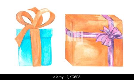 Eine Reihe von bemalten Aquarell-Geschenkboxen mit Schleifen isoliert auf einem weißen Hintergrund. Für Design, Grußkarten, Poster Stockfoto