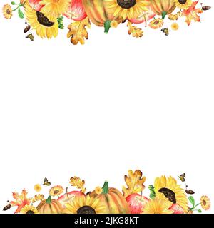 Ein Herbstgarten Komposition. Aquarell-Illustrationen zum Thema Herbsternte. Gartengrenzen mit Sonnenblumen, Ahorn- und Eichenblättern, Acor Stockfoto