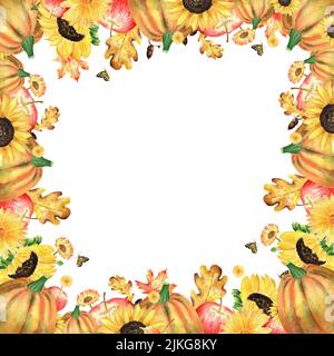 Ein Herbstgarten Komposition. Aquarell-Illustrationen zum Thema Herbsternte. Gartenrahmen mit Sonnenblumen, Ahorn- und Eichenblättern, Eicheln Stockfoto