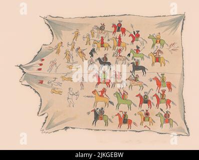 Indische Aufzeichnung einer Schlacht zwischen den Pawnees und Konzas auf einer Bison Robe. Eine Platte aus dem Buch Expedition in die Rocky Mountains. Major Long's Expedition in die Rocky Mountains. Zusammengestellt von dem Amerikaner Edwin James, 1797 - 1861, amerikanischer Botaniker und Geologe für die Expedition 1819 - 1820 aus Notizen von ihm und anderen Mitgliedern des Expeditionsteams. Erschienen in zwei Bänden mit einem Atlas im Jahr 1823. Stockfoto