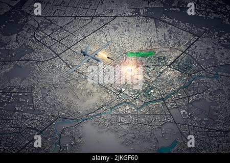 Satellitenansicht von Kabul. US-Drohnenstreik tötet Ayman al-Zawahri, den führenden Anführer der Kaida. Afghanistan. Drohne mit Rakete, militärisches Ziel. 3D Rendern Stockfoto