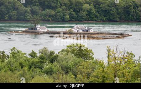 Whitebait Island und Kajakfahrer in den Swellies Whirlpoolströmungen, Menai Strait zwischen Anglesey und dem Festland, Wales Stockfoto