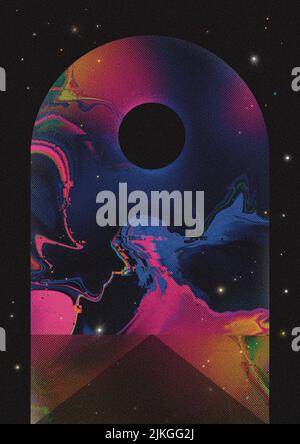 Arch Way mit schwarzem Loch Retro Future Space Nostalgia Fluid Marble abstrakte Kunst Landschaft und Straße Stockfoto