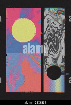 Glitch Noise körnig Retro Future Space Nostalgia flüssiger Marmor abstrakte Kunst mit Yin Yang kreist Sonne und Mond Stockfoto