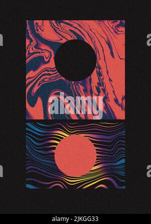 Retro Future Space Nostalgie Fluid Marble abstrakte Kunst Yin und Yang Mond und Sonne symmetrische Landschaft mit rotem Schwarz und Farbverlauf Stockfoto