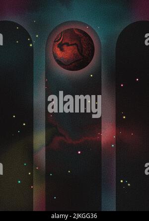 Roter mars-Planet-Stern in der Nacht Kosmos Himmel mit Bogen Weg Retro Zukunft Raum Nostalgie Stockfoto