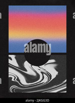 Black hole Sunset Sky Retro Future Space Nostalgia Fluid Marble abstrakte Kunst Stockfoto