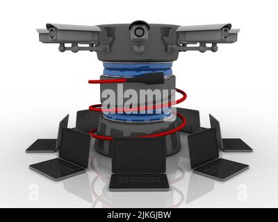 3D Rendering AUX-Kabel verbunden Datenbank um Computernetzwerk Stockfoto