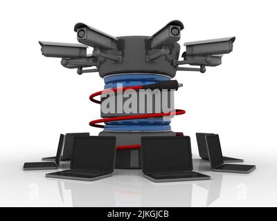 3D Rendering AUX-Kabel verbunden Datenbank um Computernetzwerk Stockfoto