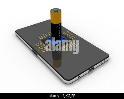3D Rendering-Mikrochips auf Mobiltelefon mit Akku Stockfoto