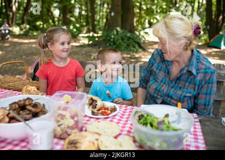 Eine glückliche kaukasische Familie mit Picknick in der Natur Stockfoto