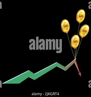 Luftballons in Form von goldenen amerikanischen Dollar-Münzen halten fallenden Chart-Pfeil isoliert auf schwarzem Hintergrund. Vektorgrafik. Stock Vektor